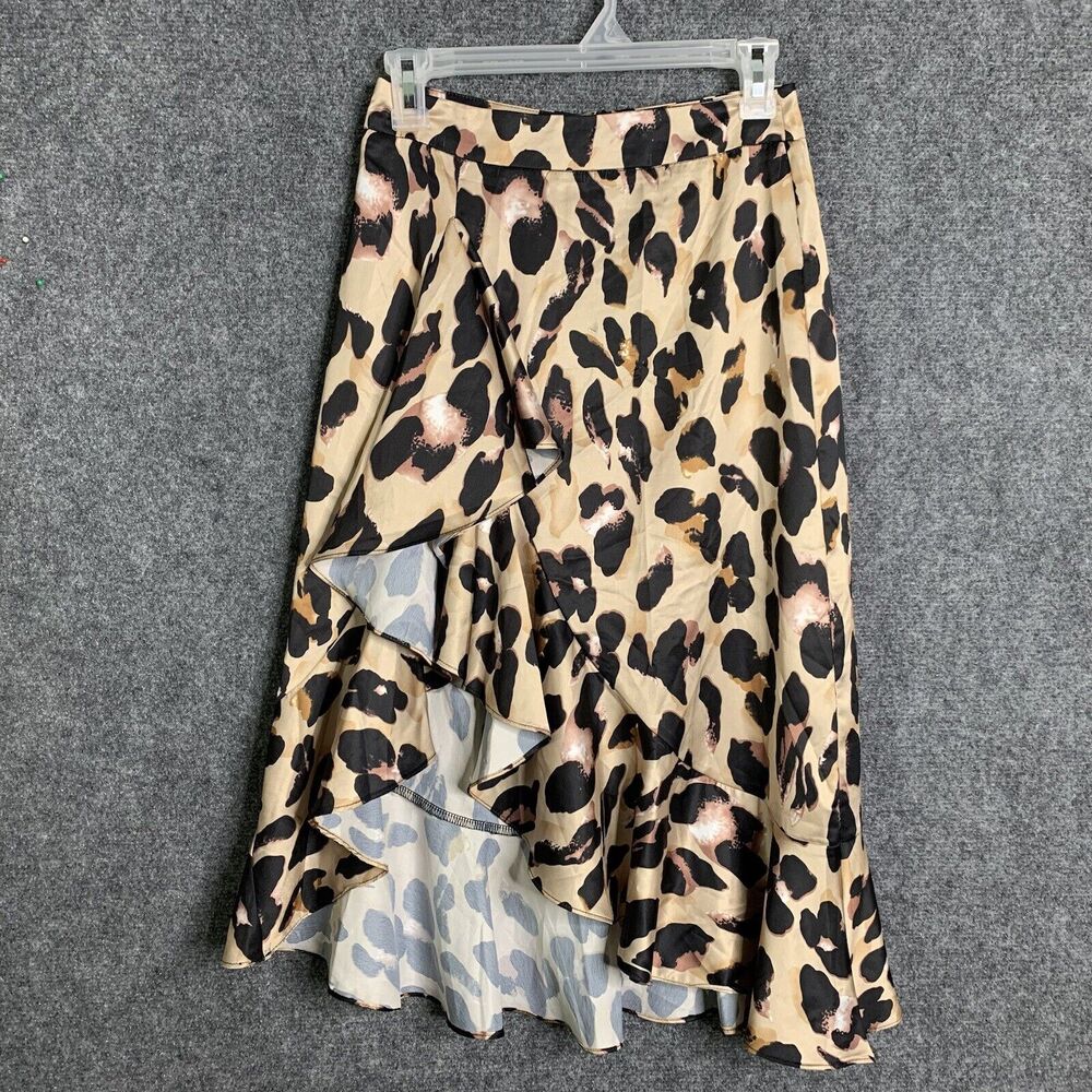Shein Ruffle Silky Skirt Animal Print Women XS Slit Asymmetrical Zip Back